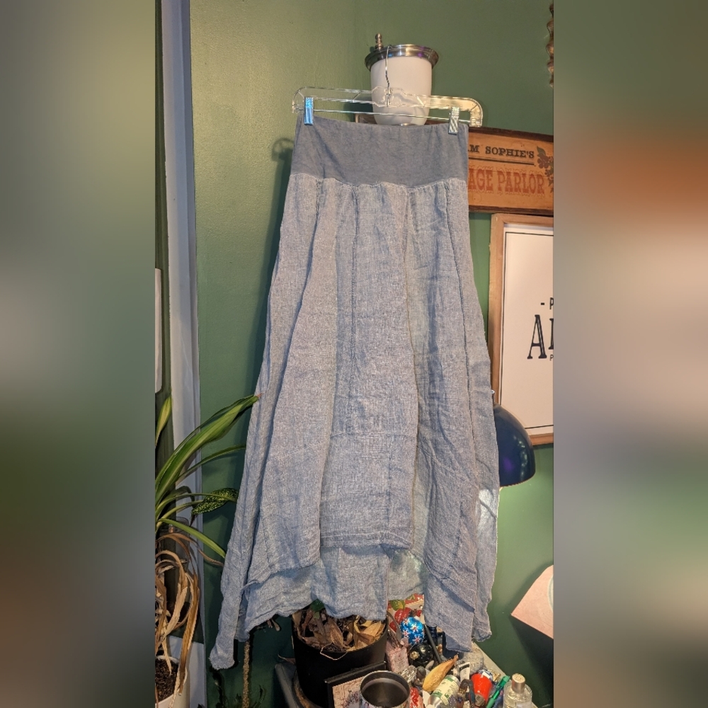 Knotty St Michaels Blue Linen Cotton Skirt Made Italy Lagenlook OS High Low